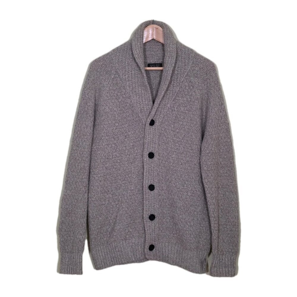Zara Mens Cardigan L Beige Textured LS Shawl Collar Button Preppy Academia Boho - Picture 1 of 15